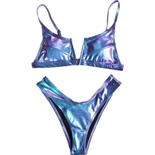 Women Sexy Brazilian Bikini Set Holographic Faux Leather Metallic Swimsuit Split V-Neck Colorful High Cut Bathing Suit