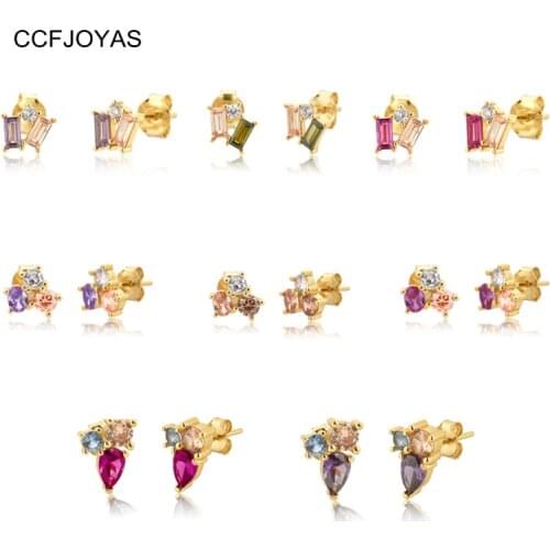 CCFJOYA 925 Sterling Silver Round Ovals /Square/Water Drop Colorful Zircon Stud Earrings for Women Mini Piercing Earings 2021