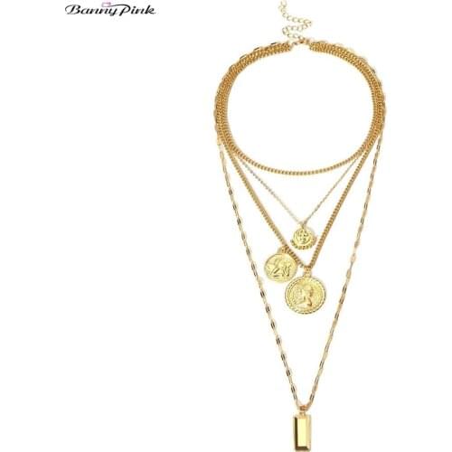 Banny Pink Party Carved Coin Pendant Choker Necklace For Women Punk Layer Multi Metal Chains Choker Collar Sexy Clavicle Chains