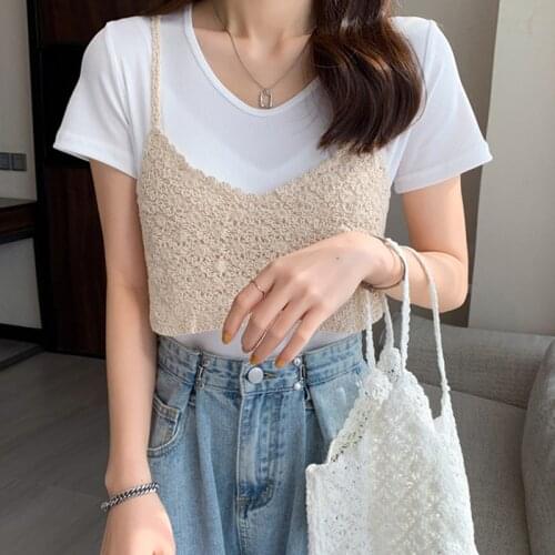 Korean Crochet Sleeveless Summer Lace Top Women Camis 2021 Vintage Blouses Knitted White Lace Shirt Women Crop Top