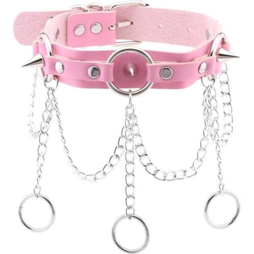 Pink Handmade Punk Spiked Faux Leather Choker Chain Necklaces Collar Harness Necklace Women Girls Buckle Gothic Accessories