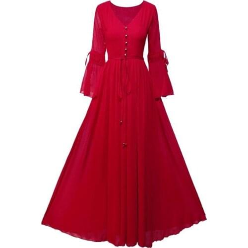 Women Summer Dress 2020 Chiffon Big Swing Flare Sleeve Maxi Dress Deep V Neck Red Evening Party Dresses