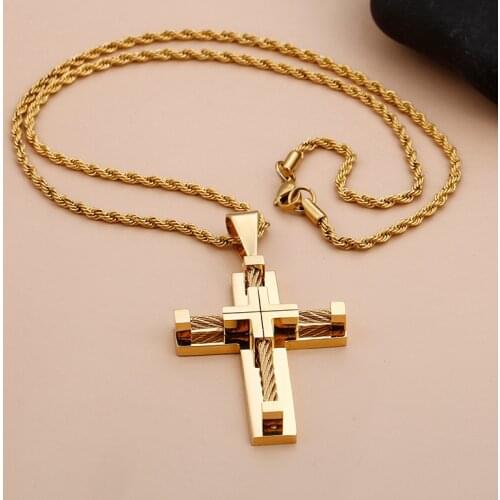 Gold Stainless Steel Wire Chain Large Biker Cross crucifix Pendant Necklace Chain Mens Punk XMAS Gifts 4mm 22 inch