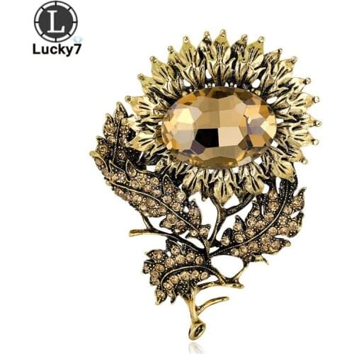 Gold and Silver Sunflower Brooch Alloy Rhinestone Glass Plant Brooch Fashion Flower Corsage Clothing Accessories Pins