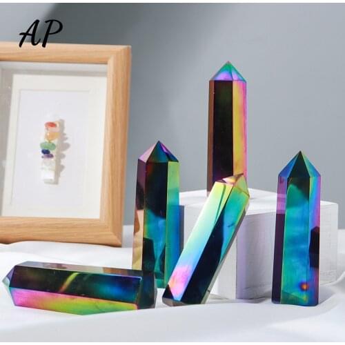 8.5-9CM Electroplating Rainbow Obsidian Crystal Hexagonal Column Energy Obelisk Natural Crystal Healing Stone Point Wand