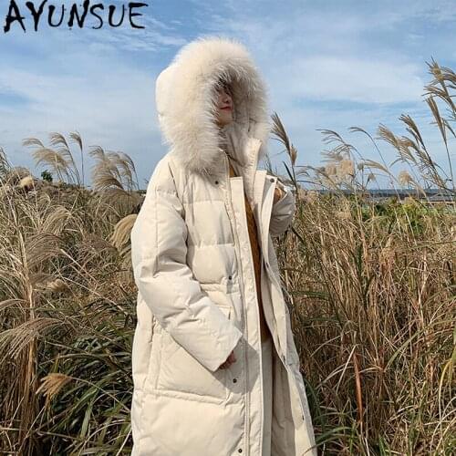 AYUNSUE Womens Winter Down Jacket Hooded Korean Long 90% White Duck Down Coat Female Big Fur Collar Warm Woman Parkas 2021