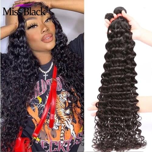 Miss Black Brazilian Natural Black Deep Wave Bundle 1/3/4 Bundle Deals Human Hair Extension Remy Double Weave For Black Women