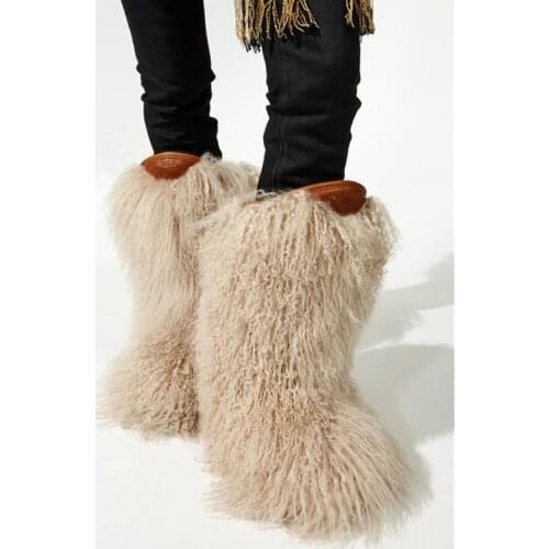 European Women Winter Curled Long Wool Fur Snow Boots Flats Mid calf Boots Girls Fashion Full Fur Tassel Covered Short Boots