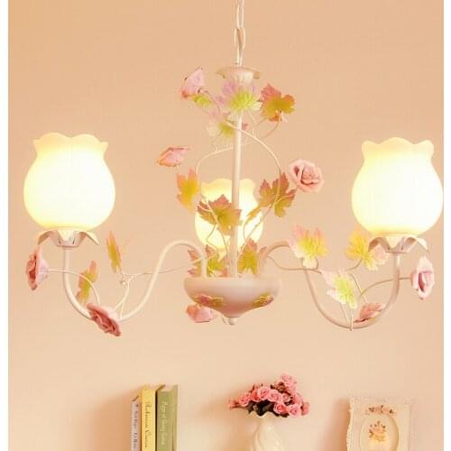 Pastoral style Korean wrought iron pendant light pink rose flower bedroom dining room hanging lighting lamp