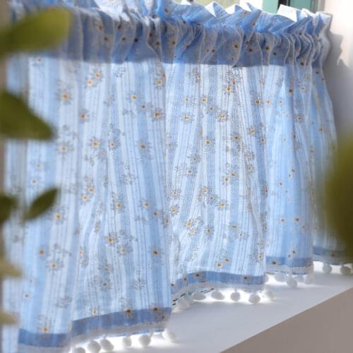 Simple Blue Pink Yellow Short Curtains for Kitchen Bathroom Cupboard Closet Door Half Curtain with Pompom Pastoral Window Decor