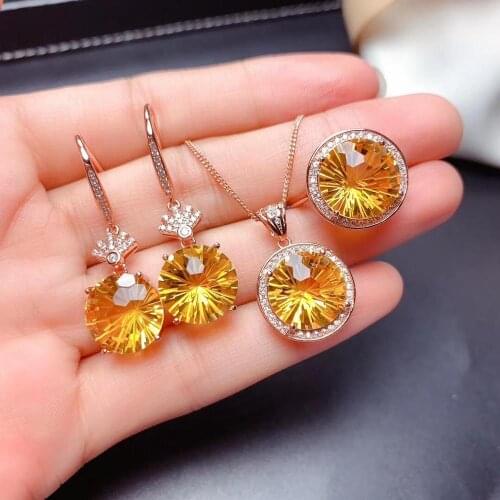 Anniversary Best Gift Citrine Set Natural And Real Citrine Jewelry set 925 sterling silver 1pc Ring,1pc Pendant,2pcs Earring