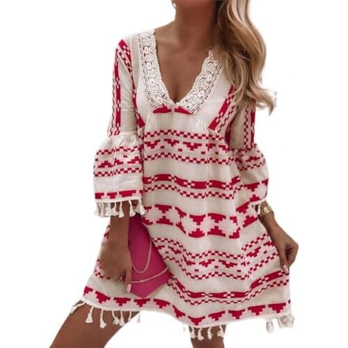Mini Dress Geometric Print Flare Sleeve Fashion V Neck Loose Summer Dress for Party Elegant dresses for women 2021 Street wear