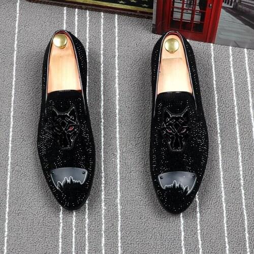 British style mens fashion party banquet dress soft leather shoes slip-on rhinestone shoe embroidery summer loafers chaussure