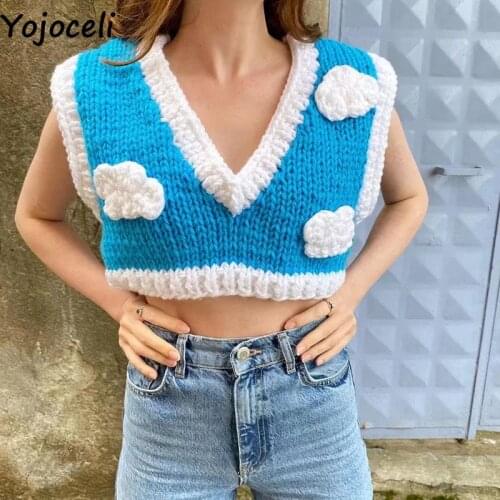 Yojoceli Fashion cloud appliques knitted vest Autumn women casual cute sweater vest Cool v neck knitting tops