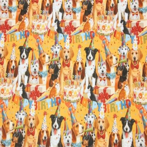 Cartoon Dogs Happy Birthday Print 100% Cotton Fabric for Boy Hometextile Cushion Cover Needlework Material Handmade Crafts DIY