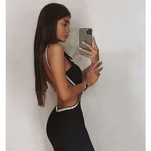 2021 New Summer Women black o neck backless diamonds detalied Bandage Dresses Bodycon Sexy Evening Dress Vestidos