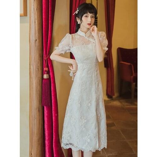 2021 Summer New Womens Retro Chinese Style Lace Stitching Side Slit Mid-Length Dress Puff Sleeve Embroidered Girl Dress