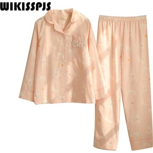 WIKISSPJS 2021 Spring Autumn New Cotton Long Sleeve Suit Pajamas Japanese Sweet Home Pajamas Loungewear Sleep Tops Bedroom Set
