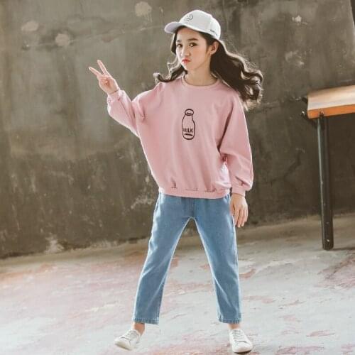Autumn Outfits Kids Girl Clothing Sets Milk Bottle Print Long Sleeve Tops + Solid Color Jeans Suit for Girls Casual Clothes Sets