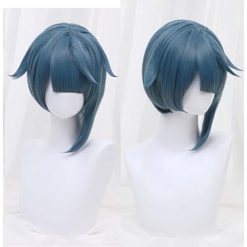 Genshin Impact Xingqiu Cosplay Wig Xing Qiu Short Blue Heat Resistant Synthetic Hair Anime Cosplay Wigs + Wig Cap