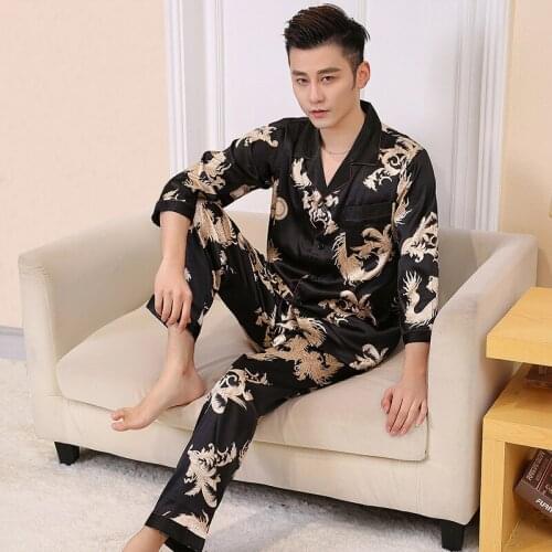 Men Spring Silk like Pajamas Sets Male Home Clothing Summer Sleepwear Two Pieces half sleeve prints autumn pyjamas