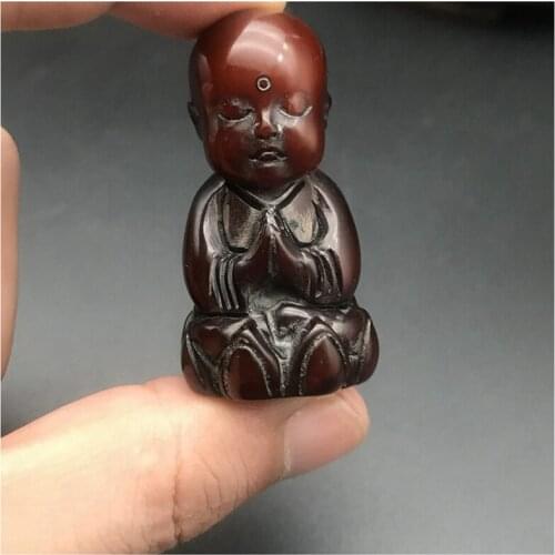 Antique natural ox horn to ward off evil spirits carving little monk statue Pendant