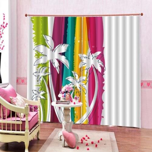 Simple Style Coconut Tree Beach Curtain Color Ribbon Blackout Drapes Indoor Fabric Kids Room Bedroom Decor 2 Panels With Hooks
