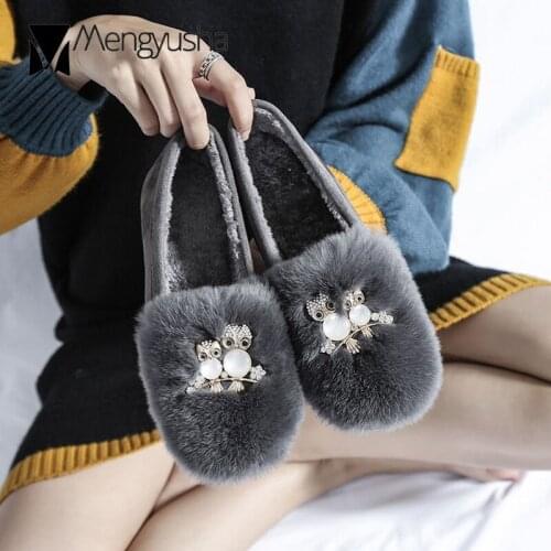 Owl Big pearl real rabbit fur moccasins furry ballerina cozy cotton shoes women 2020 crystal plush flats woman plus size 34-43