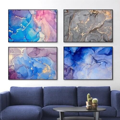 Modern Color Ink Painting Golden Blue Cloud Canvas Prints Abstract Wall Art Modern Picture for Living Room Home Decoration