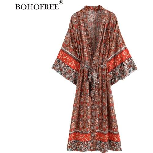 Vintage Chic Rayon Cotton Kimono Bohemian Totem Robes Batwing Sleeve Belt Holiday Long Duster Mujer Wrap Dresses Ethnic Vestidos