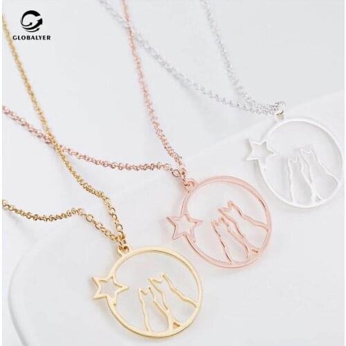 Japan and South Korea sweet wild couple cat long necklace Temperament fashion stars moon pendant necklace Gifts for Couple 373