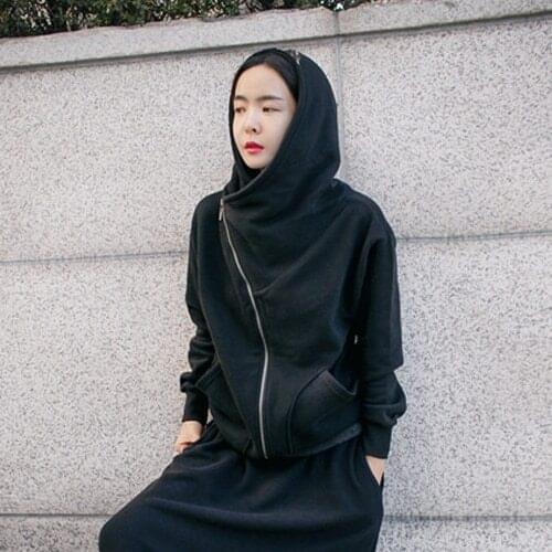 2020 Black Thick Irregular Zipper Sweatshirt Women Winter Hoodies With Pocket Casual Hooded Pullovers