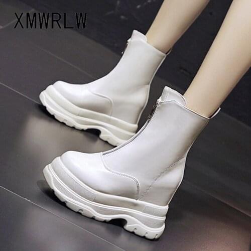 XMWRLW Womens Mid-Calf Boots Spring Autumn PU Leather High Heels Boots Women Wedges Shoes Fashion Zip Ladies Autumn Boot Shoes