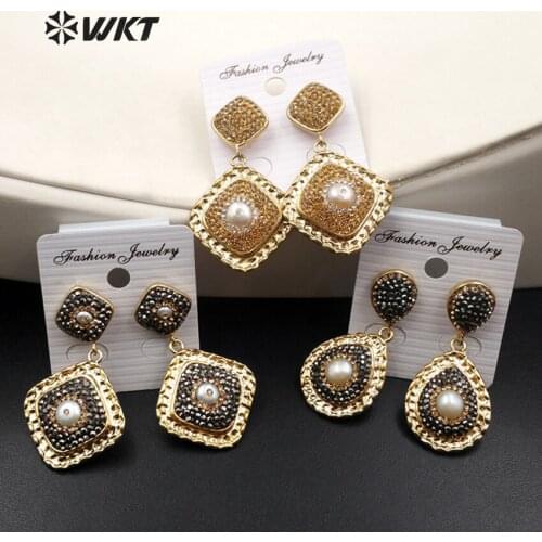 RE025 WKT Fashion Lady Earring Rhinestone And Natural Freshwater Pearl Pave Geometic Shape Earring For Women Decoration Earring