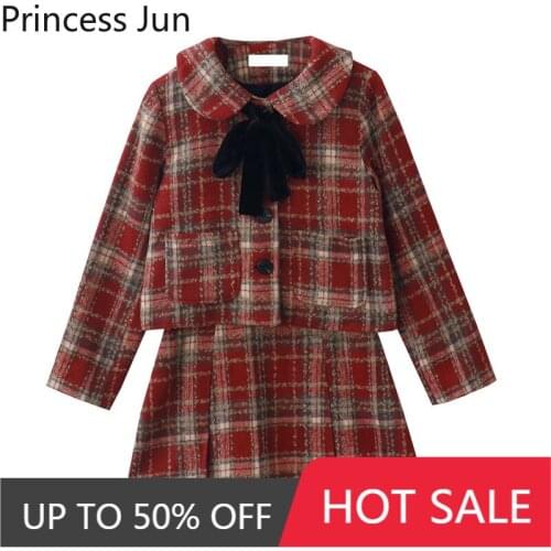 Retro Short Jacket Women Autumn Winter 2 Piece Outfits Dress Sets Two Piece Cute Bownot Plaid Coat&High Waist Mini Skirt Suits