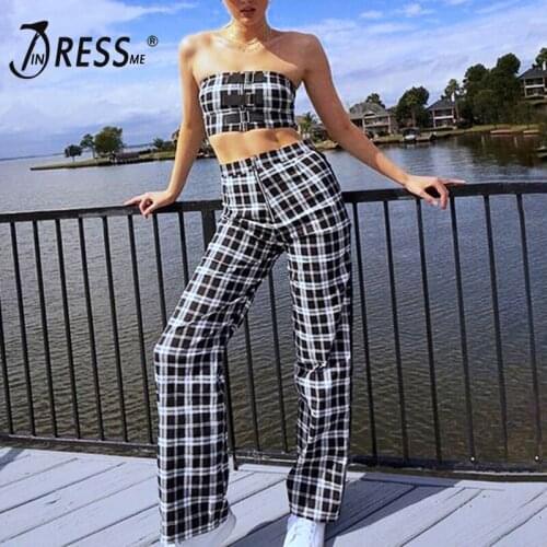 INDRESSME 2019 Women Fashion Plaid Sexy Strapless Sleeveless Bow Top Long Pant Bandage Suits Set Bodycon Party 2 Pieces Sets Hot