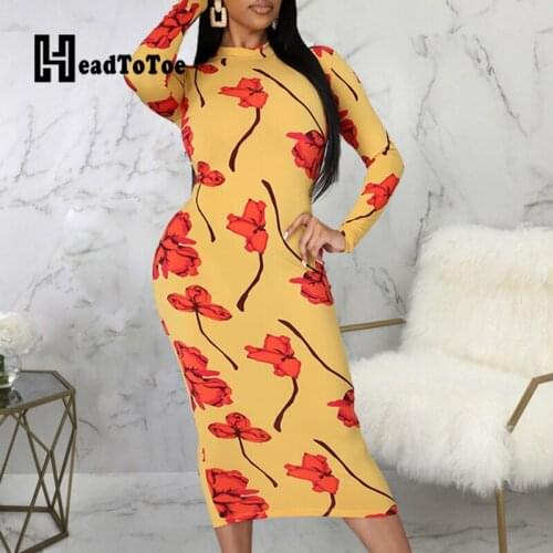 Floral Print Zipper Front Sheath Mid-calf Dress Women Long Sleeve Bodycon Dress