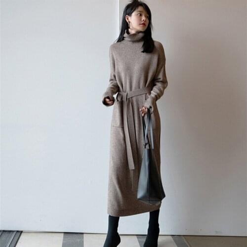 New 2020 Autumn Winter Casual Womens Turtleneck Sweater Dresses Elegant Sashes Knitting Loose Straight Long Dress Female