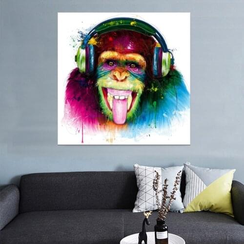Animal Monkey Large Size Canvas Printed Painting Modern Funny Thinking Gorilla With Headphone Wall Art For Living Room Decor