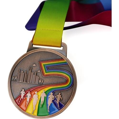 1PCS Dia 70MM City Marathon Sports Bronze Color Medals with Colorful Ribbon Soft Enamel Running Medal