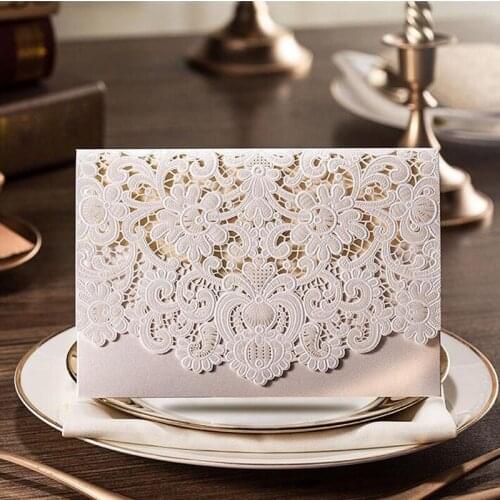 100pcs Embossed Flower Wedding Invitation Card Horizontal Laser Cut With White Hollow Flora Favors ZA5437