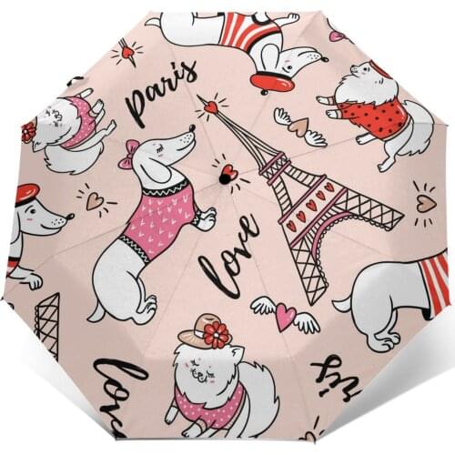 Automatic Umbrella Rain Three-folding Umbrella Cute Parisian Dachshund And Eiffel Tower Windproof Umbrella Waterproof parasol