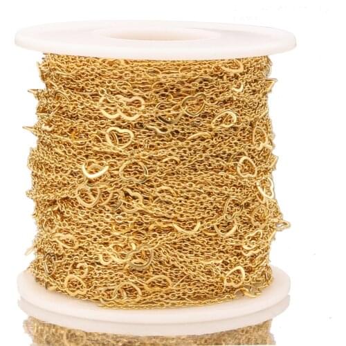 2M Heart-shaped Stainless Steel Gold Beaded with Love Chain for Earring Anklet Necklace Jewelry Making DIY Handcrafts Supplies