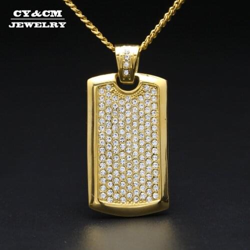 CY&CM Stainless Steel Dog Tag Rhinestone Pendant Necklace Men Bling Gold Charm Jewelry Hip Hop Vintage Iced Out Crystal Diamonds