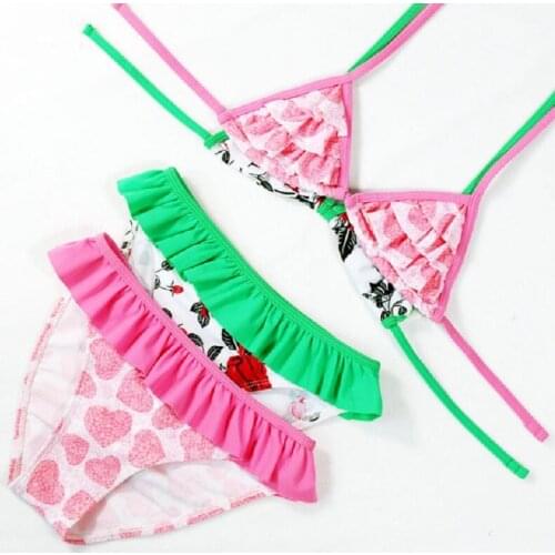 Children Pure And Fresh Printed Pink/Green Swimsuit Girls Bikini Set Juniors Two-piece Swimwear Wholesale
