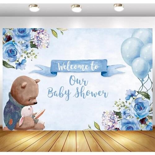 Welcome To Our Baby Shower Photography Backdrops Bear Mum Blue Flowers Decoration Newborn Kids Party Photo Backgrounds