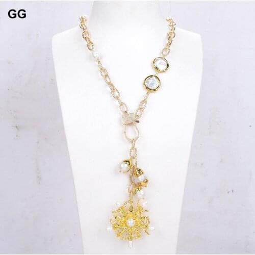 GG Jewelry Natural Cultured White Keshi Pearl Gold Color Plated Chain Necklace Pearl Insect Pendant For Women Lady Gift