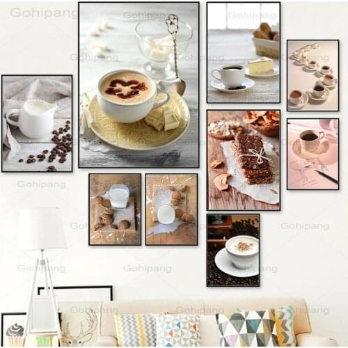 Kitchen Food Drink Canvas Painting Waffle Coffee Milk Coffee Beans Wall Art Home Decorative Picture Poster Print for Dining Room