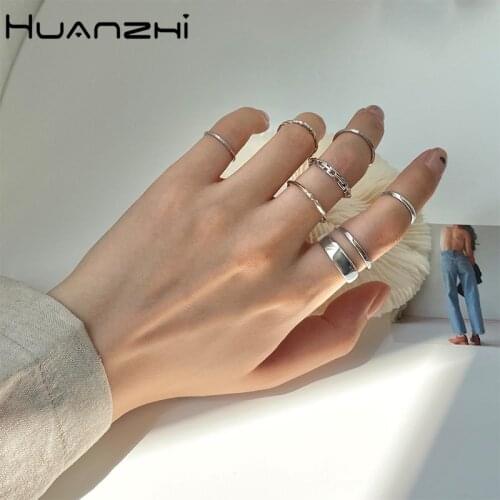 HUANZHI 2020 New Punk 7pcs/set Minimalist Smooth Gold-plated Geometric Metal Chain Rings for Women Party Jewelry