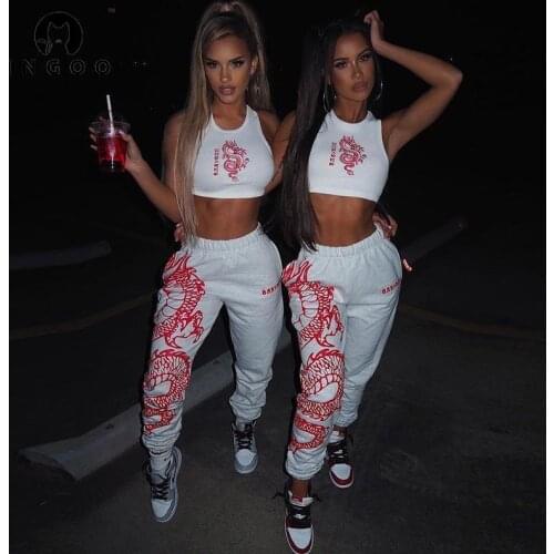 INGOO Sexy E Girl 2 Pieces Set Dragon Print Tank Top Sweatpants street Women Tracksuit Mujer Y2k Tops Sport Female Outfit Suit